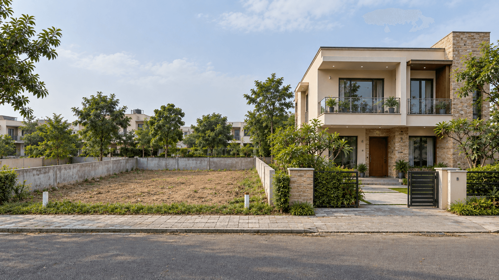 Photographic illustration of a residential plot beside a completed Indian family home