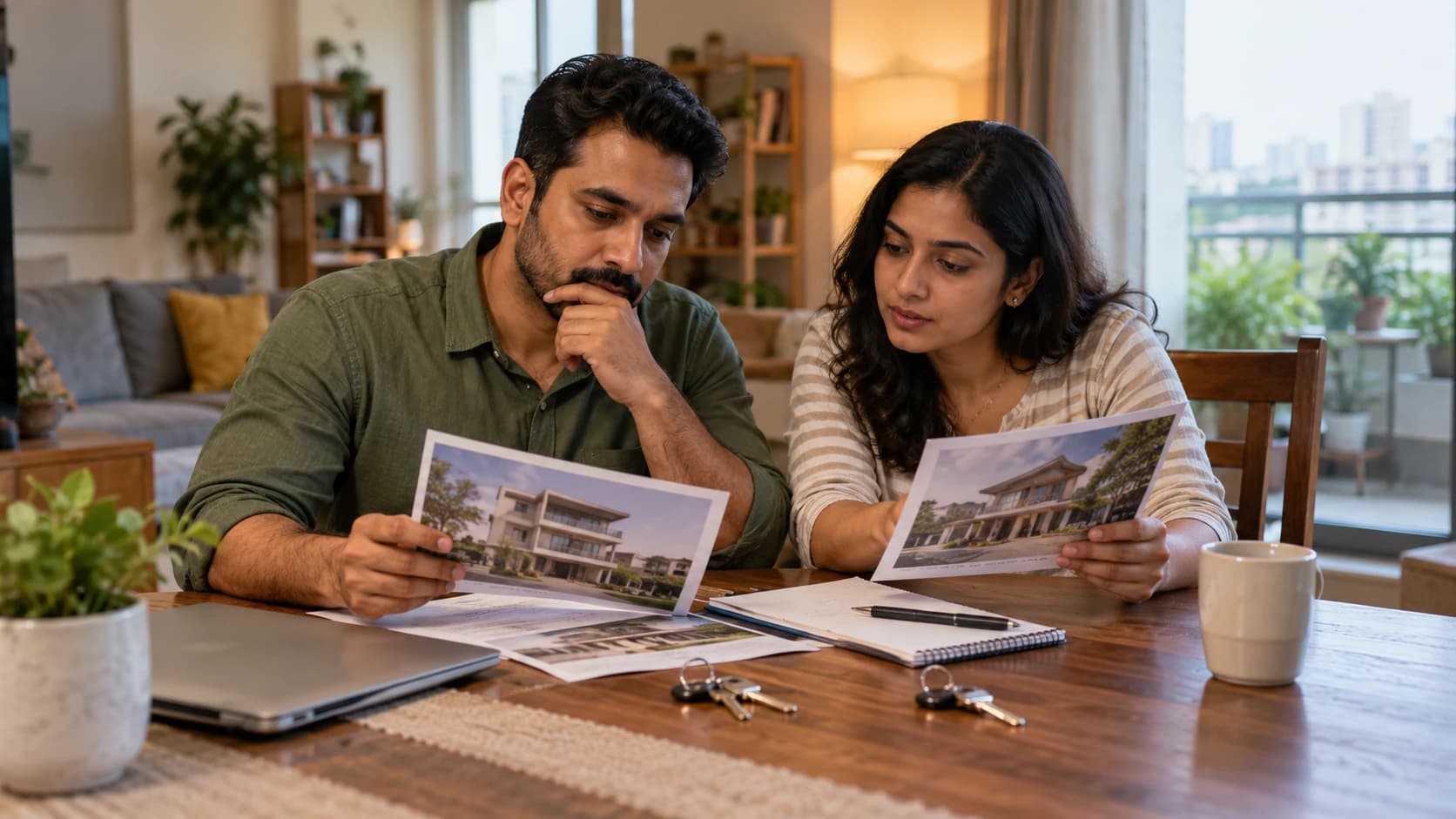 Illustrative photograph of a couple comparing housing options at home